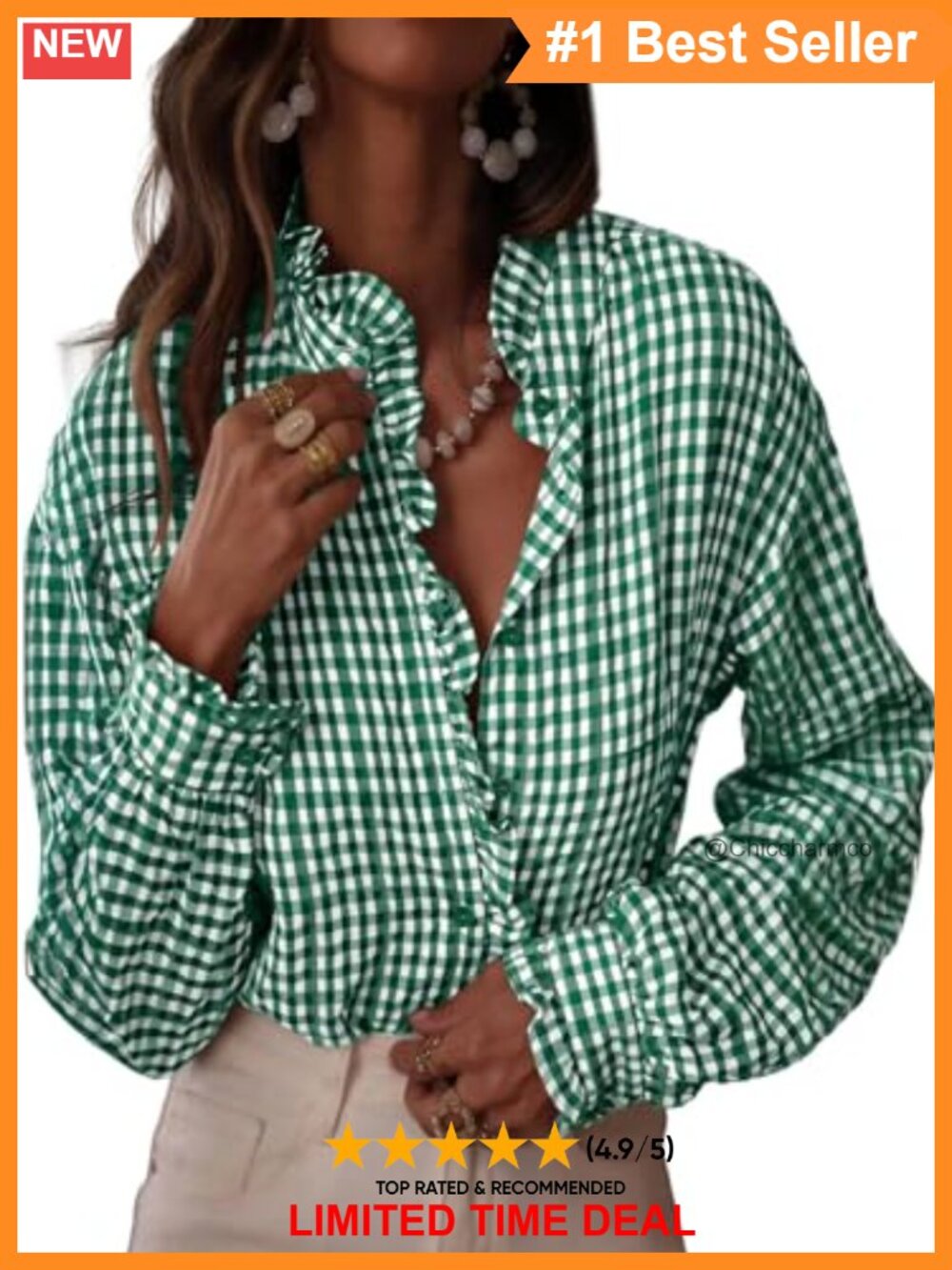Women's Plaid Ruffle V Neck Long Sleeve Button Down Blouse